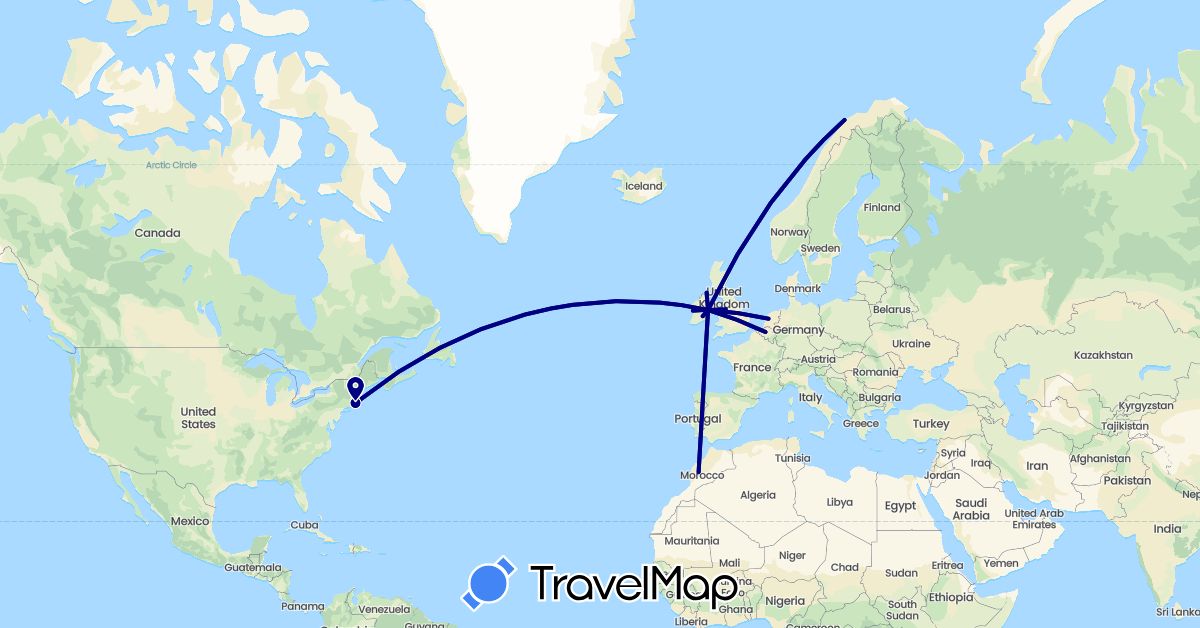 TravelMap itinerary: driving in Belgium, United Kingdom, Ireland, Morocco, Netherlands, Norway, United States (Africa, Europe, North America)